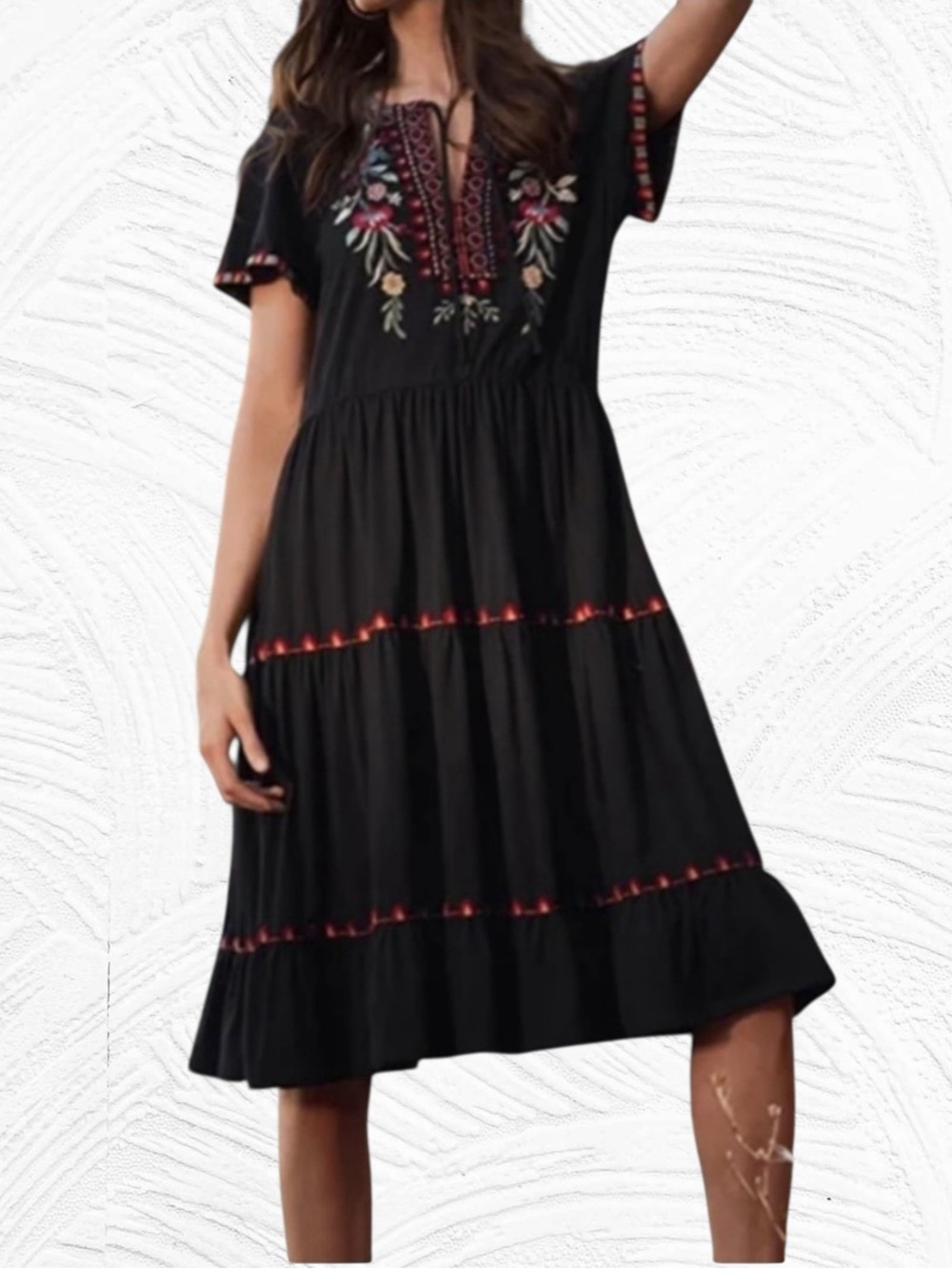 Johnny Was Black Embroidered Short Sleeve Tiered Dress with Pink & Blue Accents - Picture 7 of 10